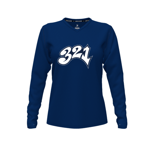 [CUS-DFW-TEES-CMF-VNK-LSL-NVY-FYXS-LOGO3] Decker Comfort T-Shirt (Female Youth XS, Navy, V Neck, Logo 3, Long Sleeve)